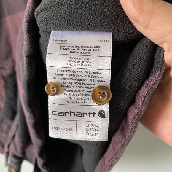 Carhartt Fleece Lined Flannel Button Up Black Maroon Long Sleeve Women's Large - Picture 11 of 11